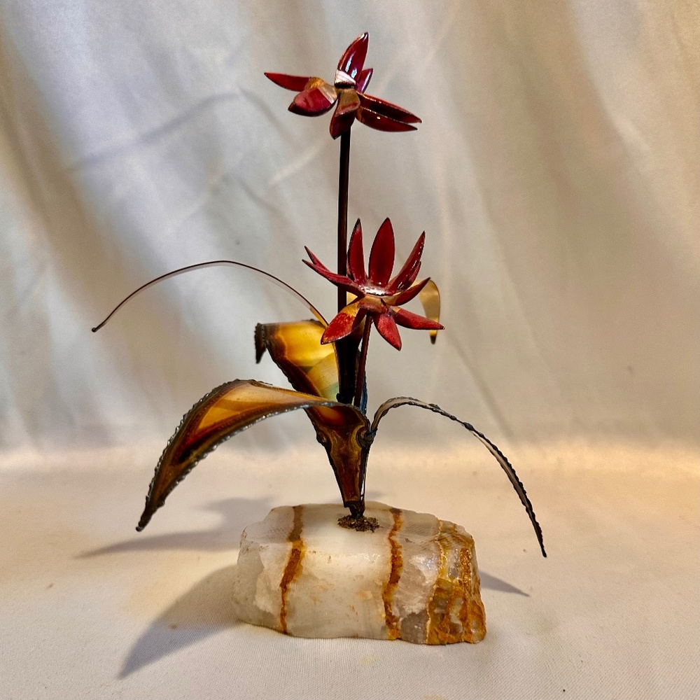 Mid-Century Enameled Brass Pink Daisy Flower Sculpture on Stone Base